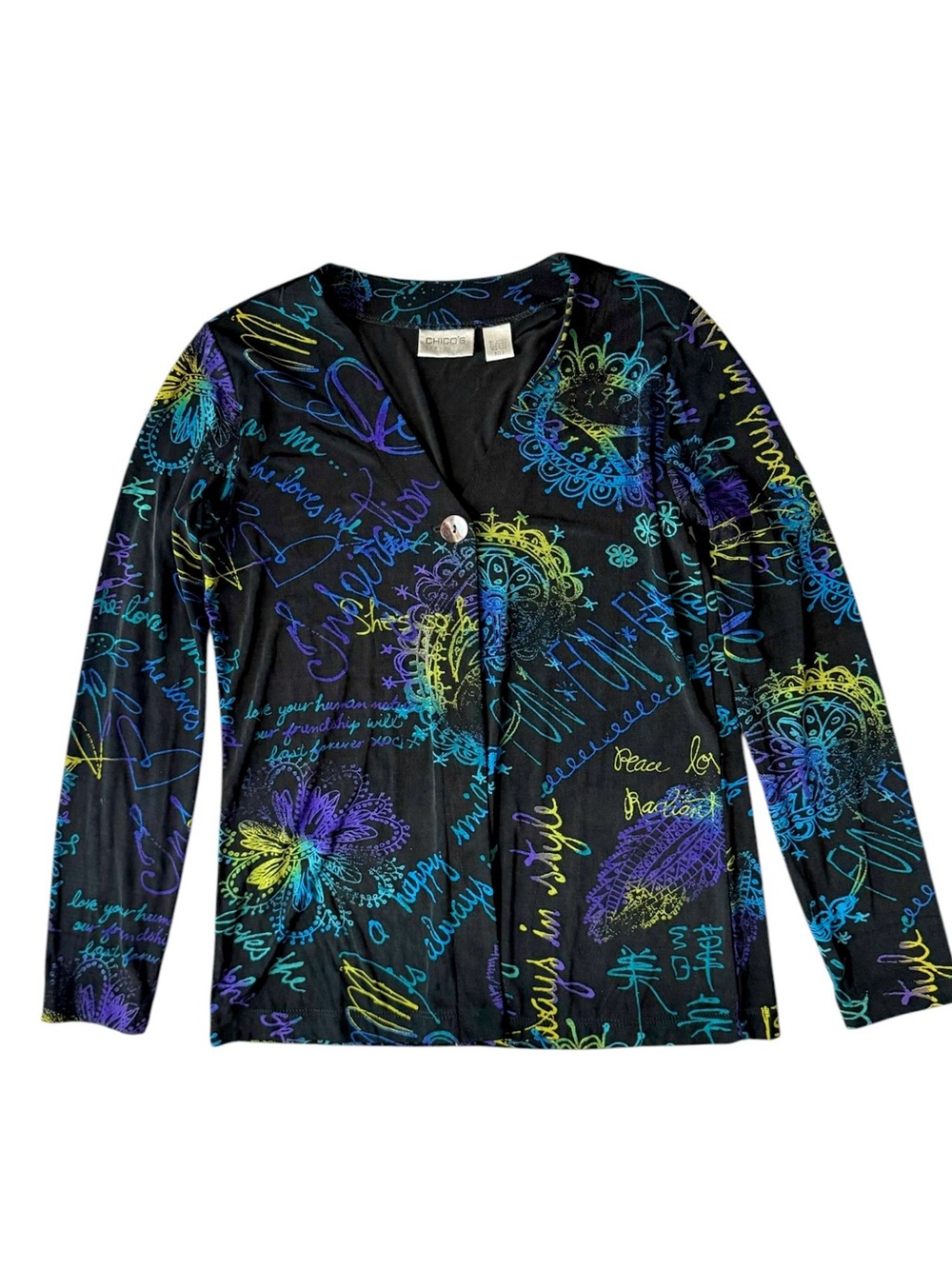 Chico's Travelers Black Peace Love Happiness Cardigan Jacket Top Wearable Art - Picture 4 of 10